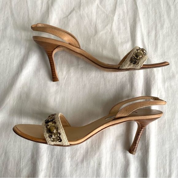 Oscar De La Renta Beaded Linen Sling Back Sandals Kitten Heels - Picture 10 of 14